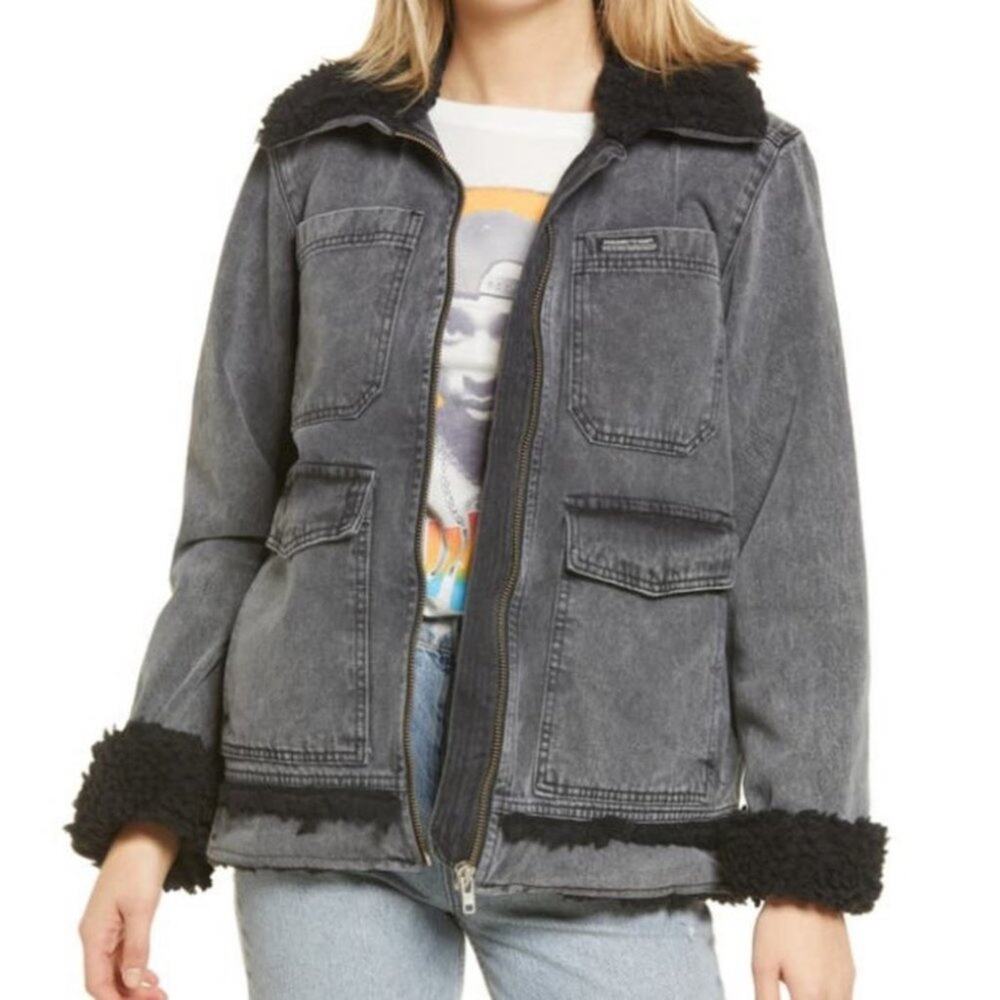 BDG Fleece Lined Full Zip Utility Denim Cotton Jacket In Black Size Small